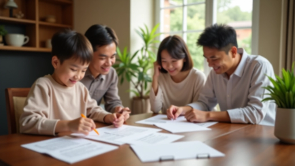 Family reviewing financial documents and celebrating progress together at home