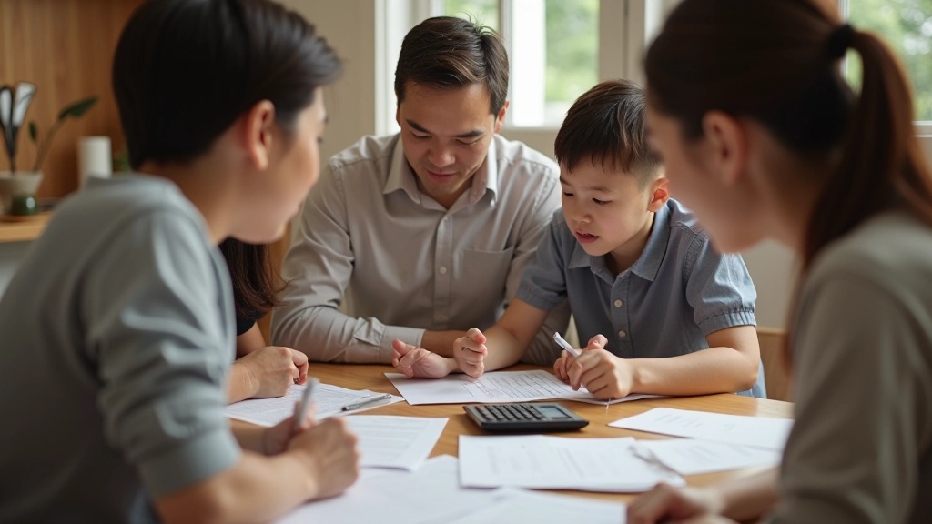 Family members gathered around a table discussing their annual spending review and financial plans together