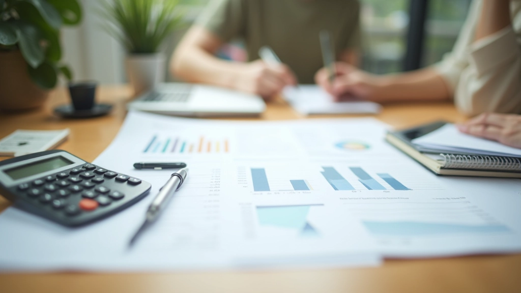 Modern workspace with financial documents and planning materials organized neatly on a desk