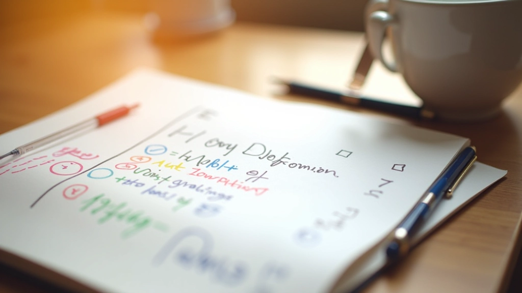 Handwritten notes on financial goals with arrows pointing toward achievements and improvements