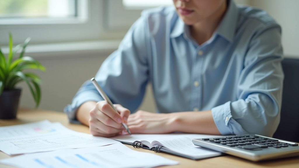 Person reviewing expense data with notebook and calculator, hands visible taking notes on spending analysis