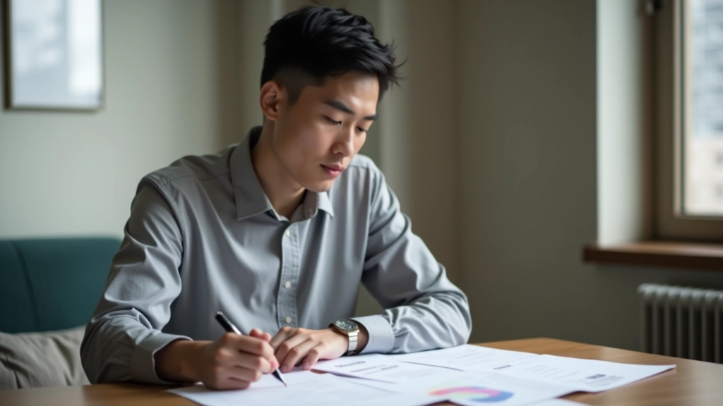 Person reflecting while looking at financial documents and notes spread across a table