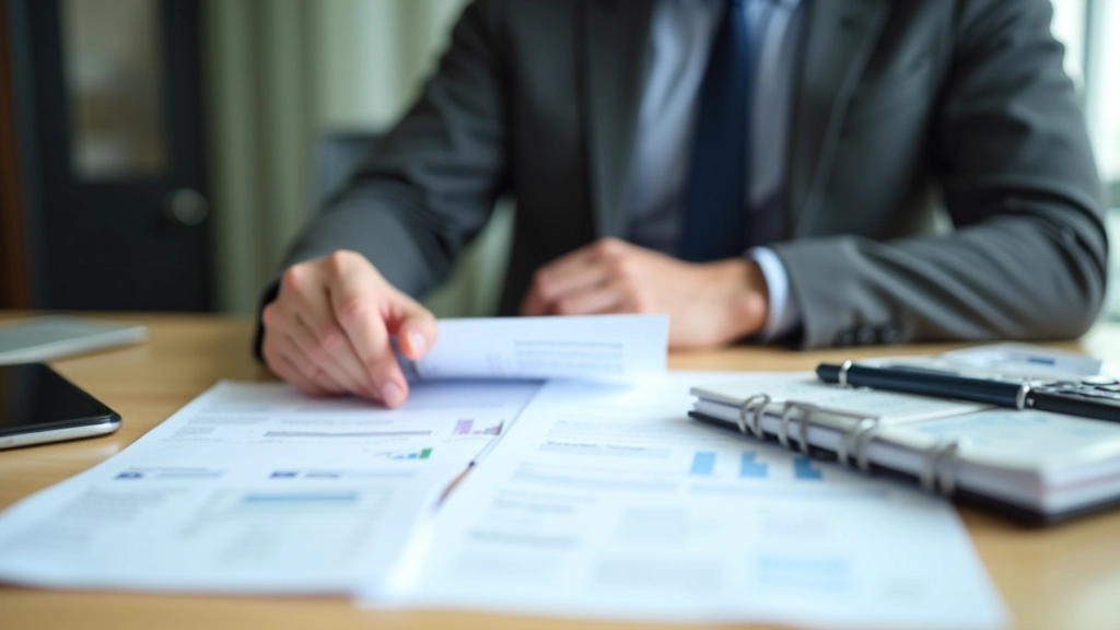 Organized financial documents and bank statements spread on a wooden desk with a calculator and pen