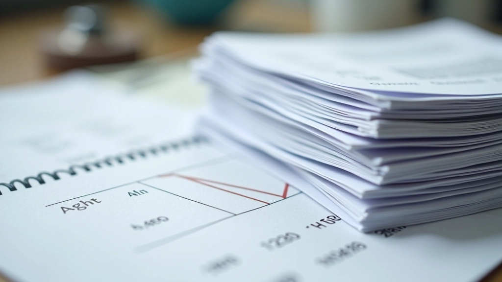 Stack of organized bank statements and financial documents with dates visible, arranged in chronological order