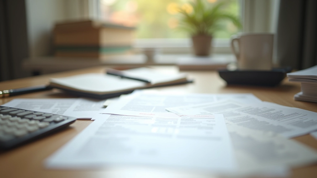 Organized financial documents and bank statements spread on wooden desk with calculator and pen for annual review preparation